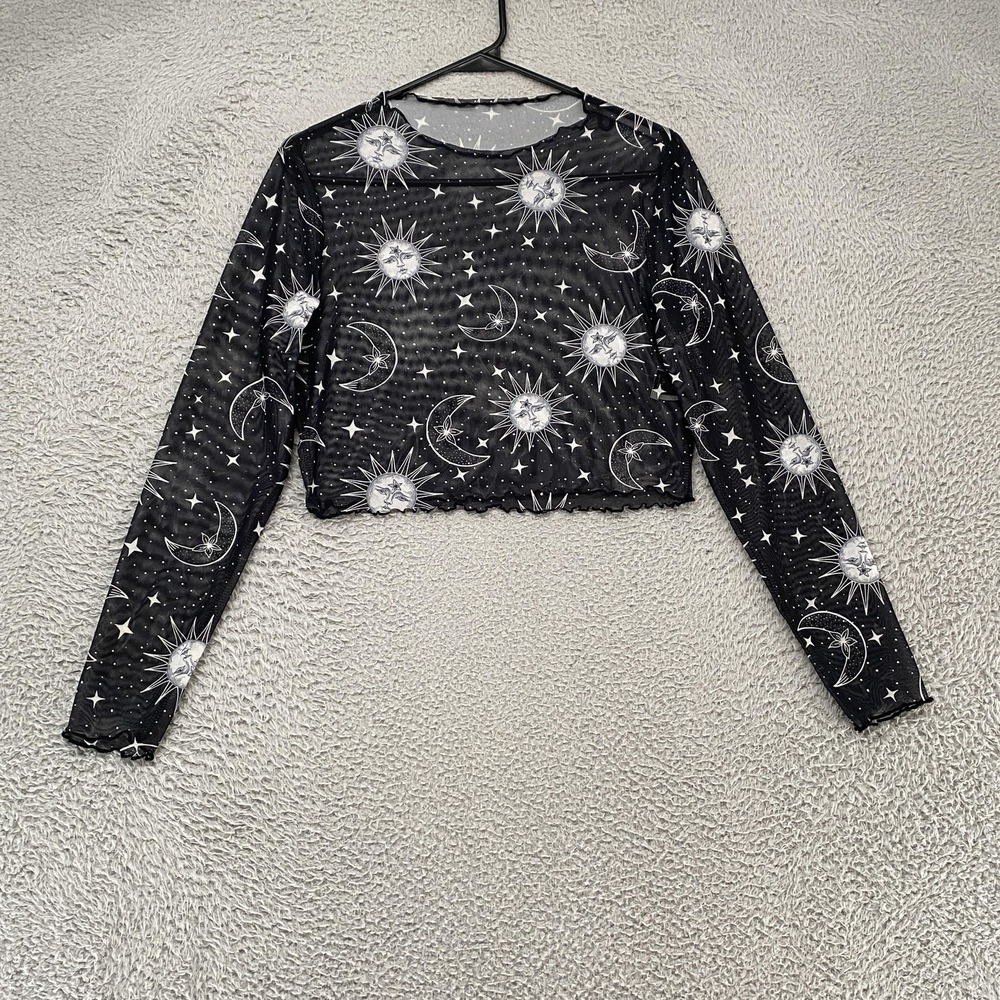 Y2K Mesh Crop T-Shirt Womens XL Black Celestial Moon Sun Sheer Top Whimsical - Picture 2 of 13